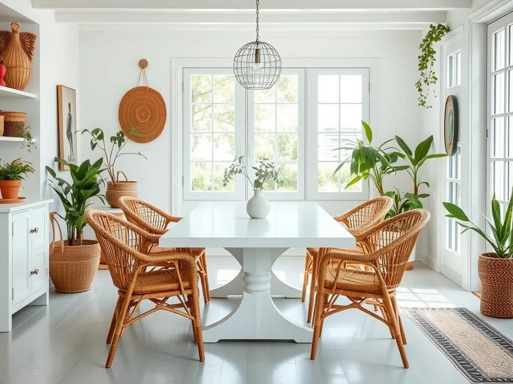 Witte tafel met bruine rotan stoelen in een lichte, bohemian eetkamer Witte tafel met bruine rotan stoelen in een lichte, bohemian eetkamer