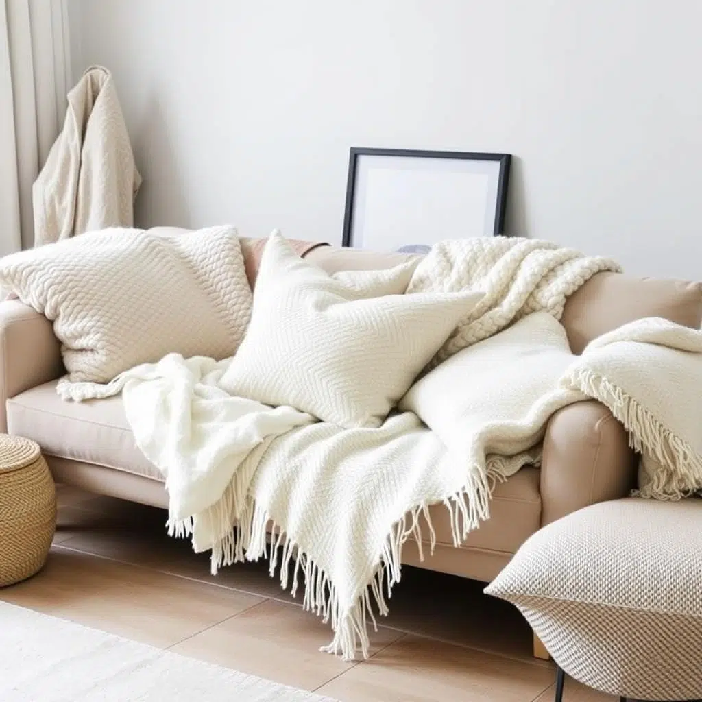 Wollen plaids en kussens in Scandinavisch interieur Wollen plaids en kussens in Scandinavisch interieur