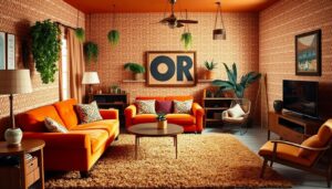 Woonkamer in retro interieur jaren 70 stijl met oranje bank en geometrische patronen