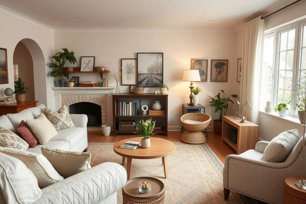Woonkamer met boucle meubels in een huiselijke setting uit 2023 Woonkamer met boucle meubels in een huiselijke setting uit 2023