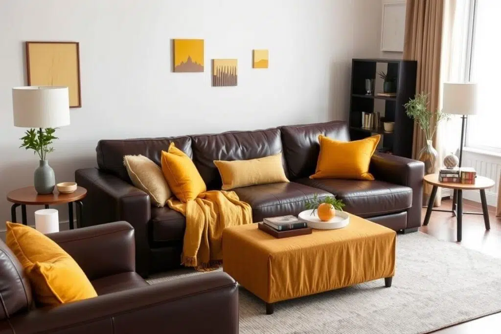 Woonkamer met donkerbruine bank en mosterdgele accenten in kussens en decoratie Woonkamer met donkerbruine bank en mosterdgele accenten in kussens en decoratie
