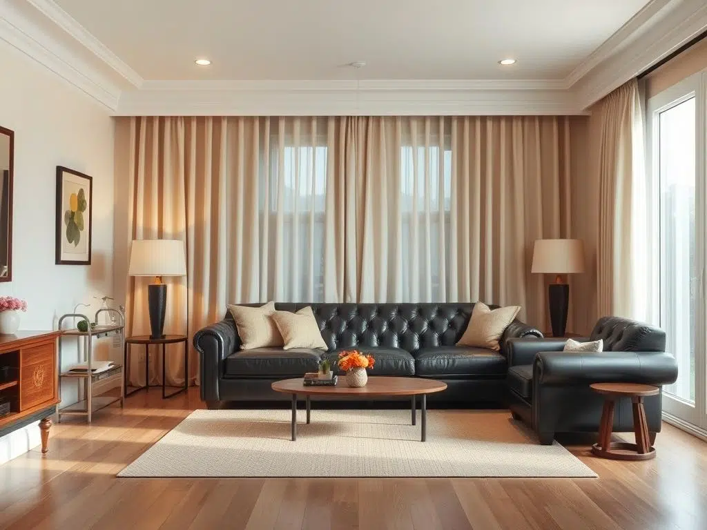 Woonkamer met donkerbruine bank tegen crèmewitte muur met beige accessoires Woonkamer met donkerbruine bank tegen crèmewitte muur met beige accessoires