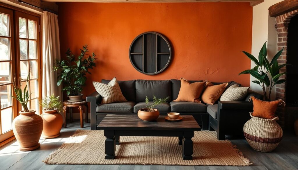 Woonkamer met donkerbruine houten meubels gecombineerd met terracotta muren en accessoires Woonkamer met donkerbruine houten meubels gecombineerd met terracotta muren en accessoires
