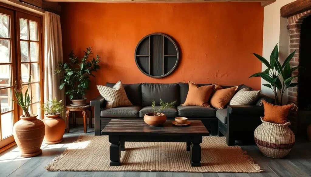 Woonkamer met donkerbruine houten meubels gecombineerd met terracotta muren en accessoires Woonkamer met donkerbruine houten meubels gecombineerd met terracotta muren en accessoires