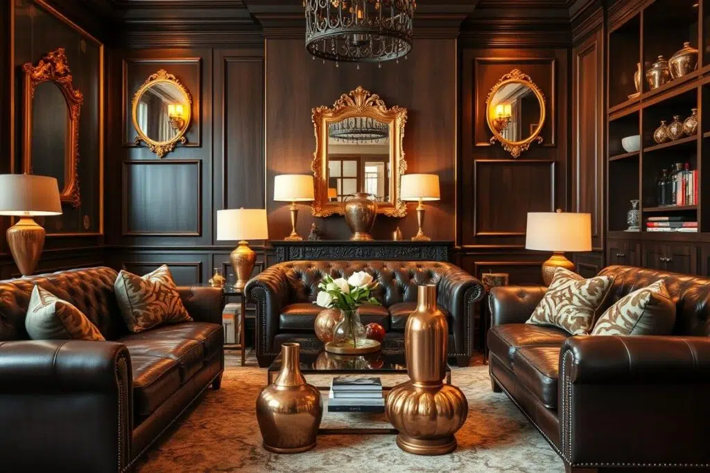 Woonkamer met donkerbruine meubels en gouden en koperen accessoires Woonkamer met donkerbruine meubels en gouden en koperen accessoires