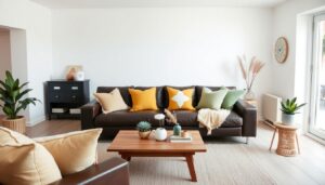 Woonkamer met een donkerbruine bank, kussens in verschillende kleuren en planten.