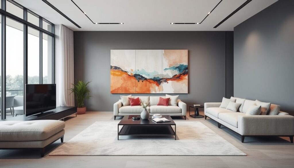 Woonkamer met groot oversized schilderij Woonkamer met groot oversized schilderij