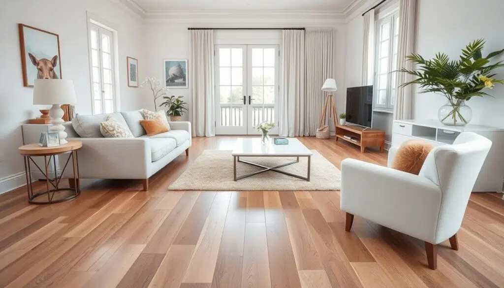 Woonkamer met laminaat en contrasterende meubels die de gouden regel illustreren