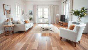 Woonkamer met laminaat en contrasterende meubels die de gouden regel illustreren