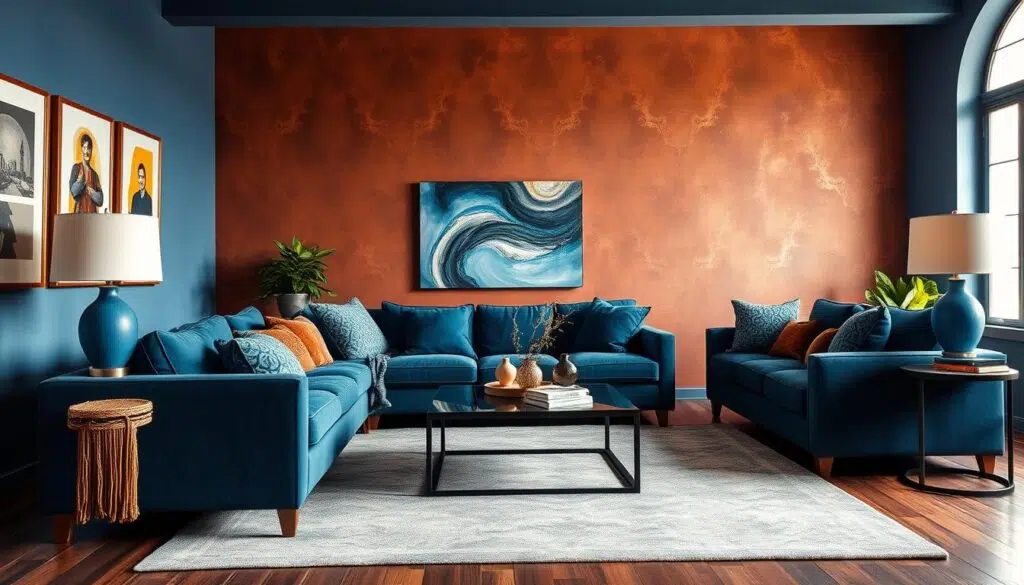 Woonkamer met roestbruine en blauwe elementen die een mooi contrast vormen Woonkamer met roestbruine en blauwe elementen die een mooi contrast vormen