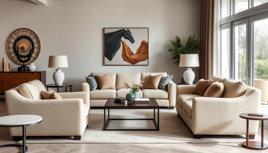 Woonkamer met verschillende bouclé meubels waaronder bank en fauteuils Woonkamer met verschillende bouclé meubels waaronder bank en fauteuils
