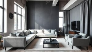 Woonkamer met verschillende grijstinten en texturen
