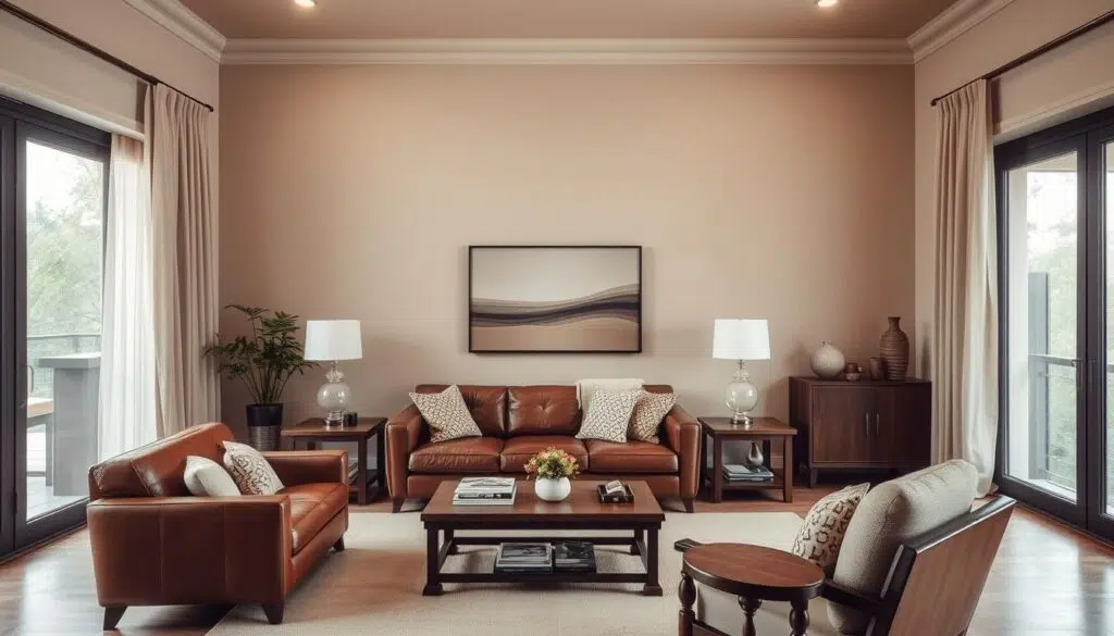 Woonkamer met verschillende tinten bruin en beige Woonkamer met verschillende tinten bruin en beige