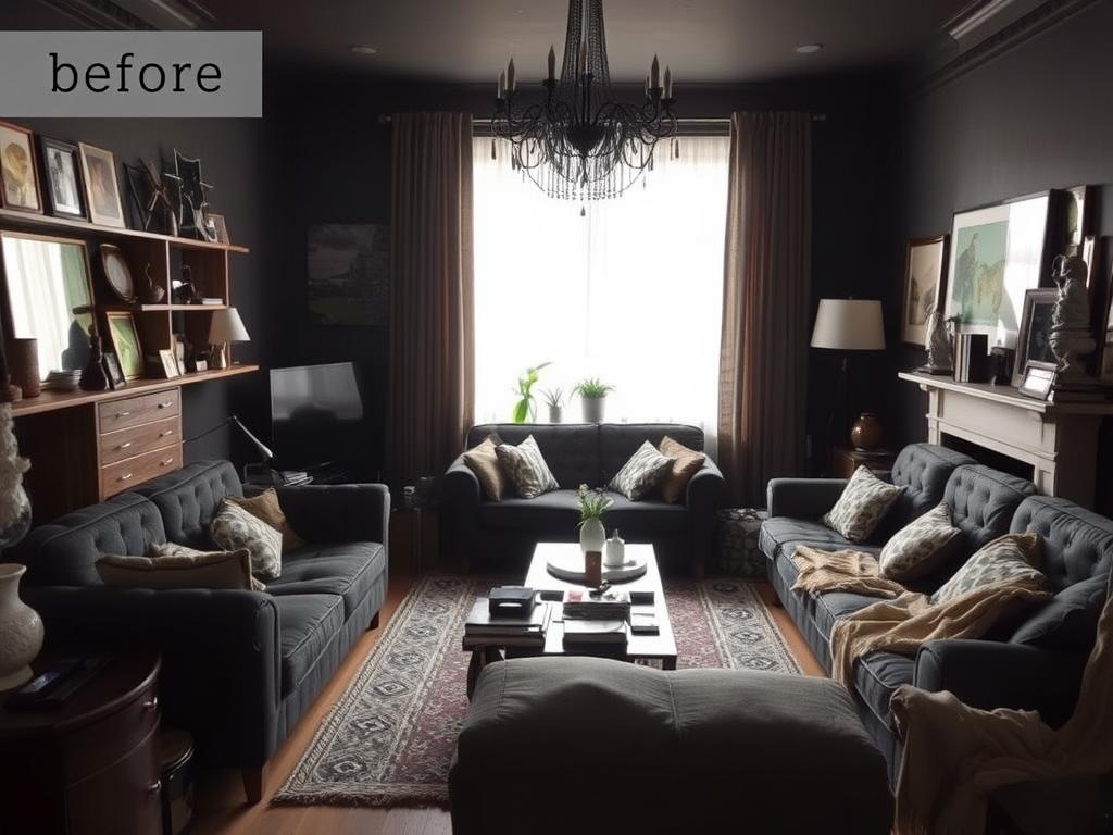 Woonkamer voor de Scandinavische transformatie: druk, donker en ongeorganiseerd