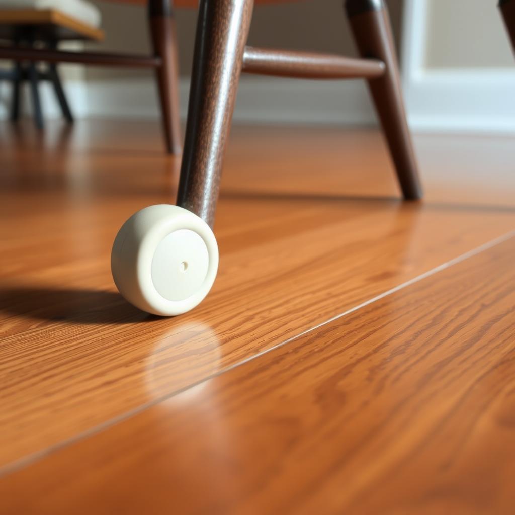 Zachte rubberen wieltjes onder eetkamerstoel op een houten vloer Zachte rubberen wieltjes onder eetkamerstoel op een houten vloer