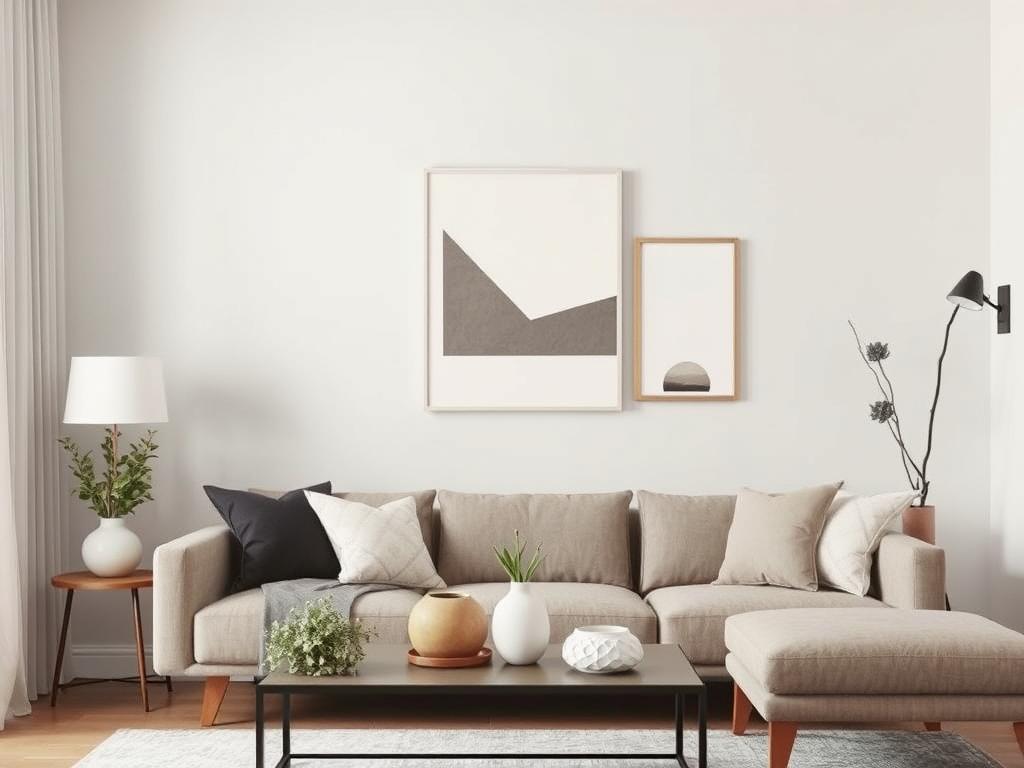 Zelfgemaakte decoratie-elementen in een moderne woonkamer, waaronder abstracte wandkunst en gepersonaliseerde accessoires Zelfgemaakte decoratie-elementen in een moderne woonkamer, waaronder abstracte wandkunst en gepersonaliseerde accessoires