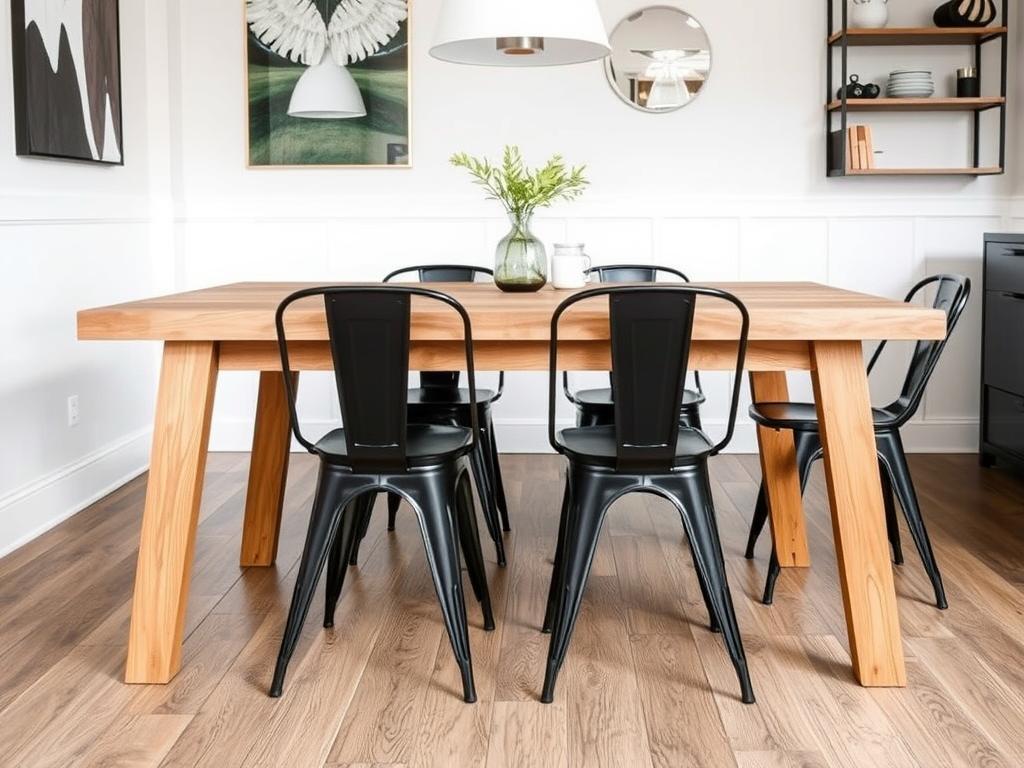 Zwarte metalen stoelen bij een eikenhouten eettafel Zwarte metalen stoelen bij een eikenhouten eettafel