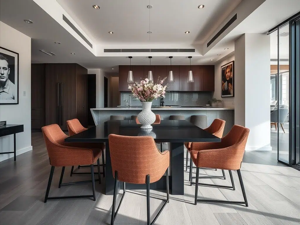 Zwarte tafel met chocoladebruine stoffen stoelen in een modern interieur Zwarte tafel met chocoladebruine stoffen stoelen in een modern interieur
