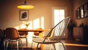 Een buisstoel met een houten zitting in een eetkamer met een houten tafel en een lamp boven de tafel.