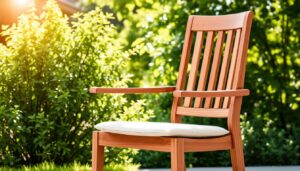Houten stoel met een lichtgekleurde kussen, geplaatst in een groene omgeving met planten.