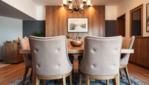 Eettafel met vier gestoffeerde stoelen in een moderne eetkamer met houten accenten.