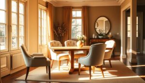 Eetkamer met een houten tafel en vier stoelen, verlicht door natuurlijk licht.