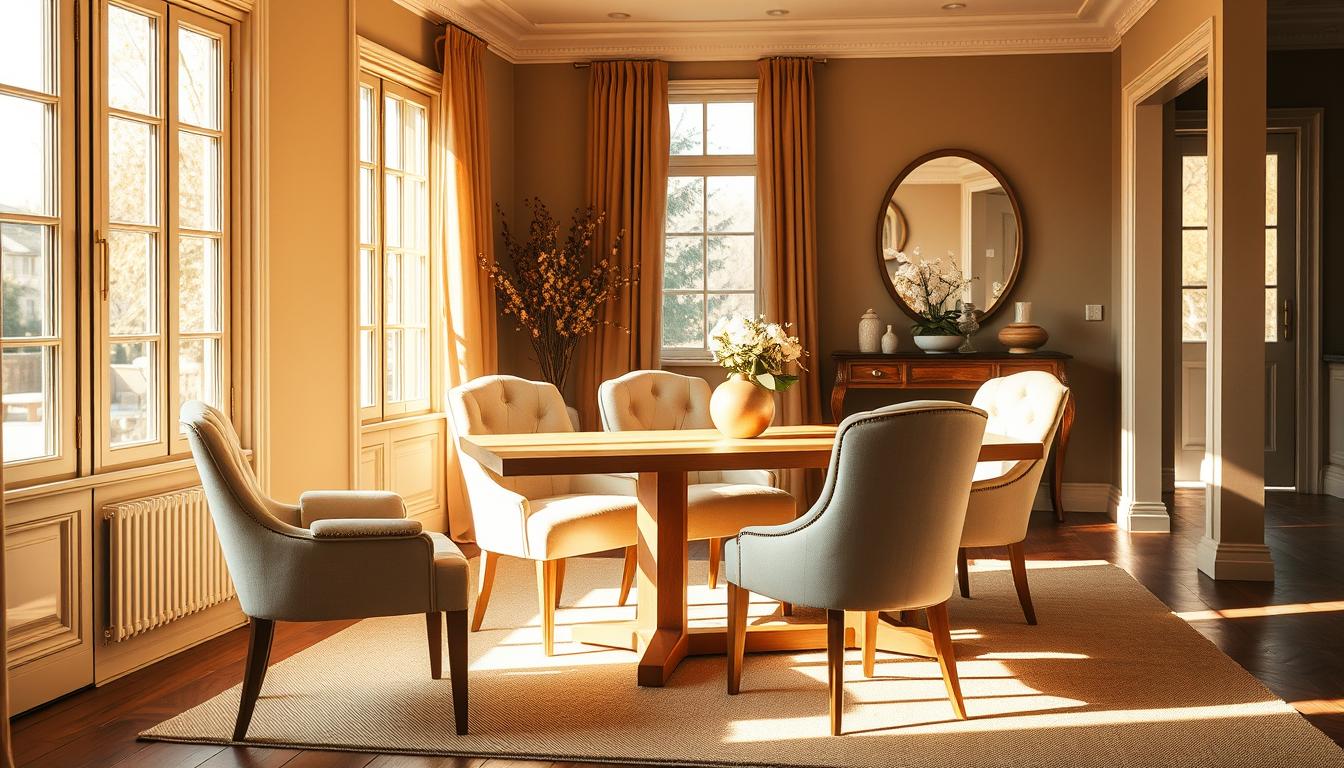 Eetkamer met een houten tafel en vier stoelen, verlicht door natuurlijk licht.
