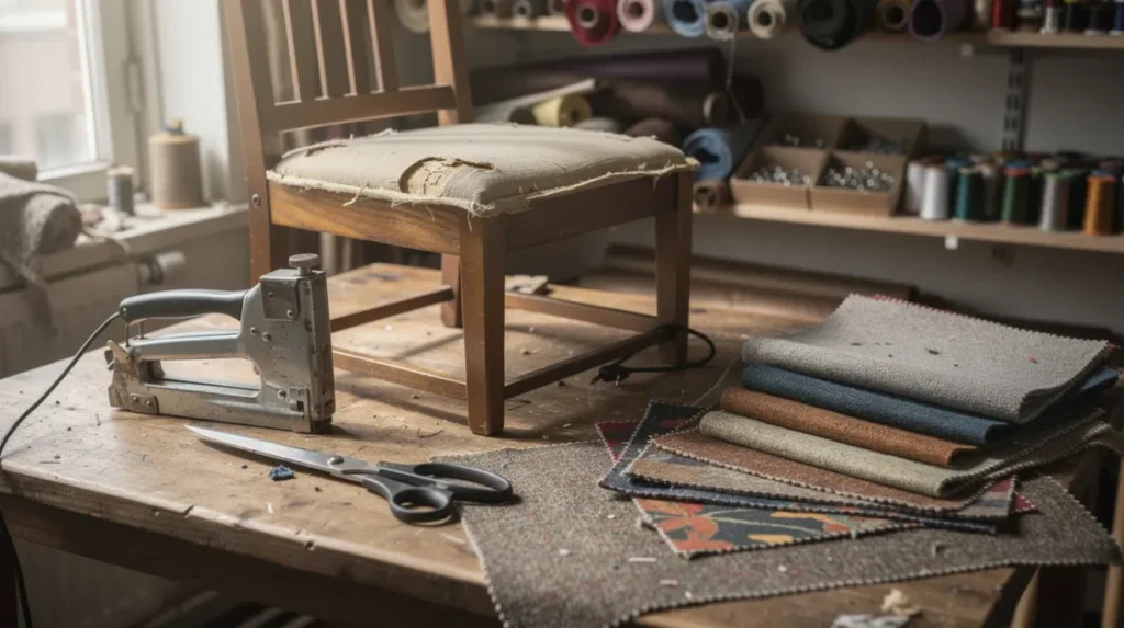 De werkbank van een ervaren stoffeerder toont een nietpistool, een schaar, verschillende stofstalen en een gedemonteerde stoel die wacht op nieuwe bekleding. Deze setting benadrukt het vakmanschap en de aandacht voor detail die nodig zijn om meubels, zoals eetkamerstoelen, opnieuw te bekleden en een compleet nieuwe uitstraling te geven.