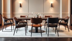 Zeven eetkamerstoelen rondom een ronde tafel in een moderne eetkamer.