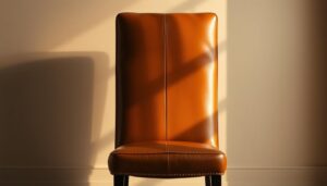 Bruine leren eetkamerstoel met een hoge rugleuning en zwarte poten, geplaatst tegen een lichte muur.