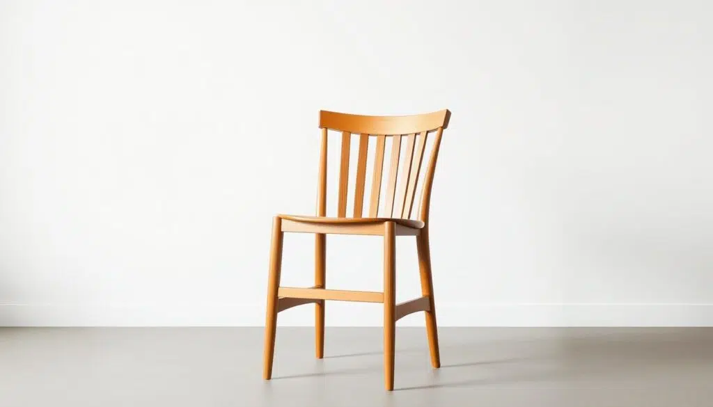 Houten eetkamerstoel met spijlen en een natuurlijke afwerking, geplaatst op een lichte vloer.