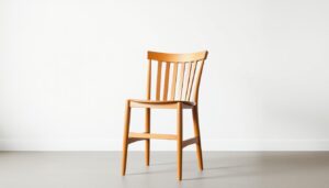 Houten eetkamerstoel met spijlen en een natuurlijke afwerking, geplaatst op een lichte vloer.