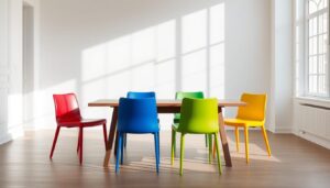 Een set van vier eetkamerstoelen in rood, groen, geel en blauw rond een houten tafel.