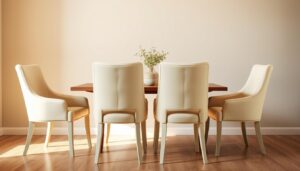 Vier crème kleur eetkamerstoelen met een houten tafel en een vaas op de tafel.