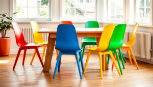 Een set van acht eetkamerstoelen in verschillende felle kleuren rondom een houten tafel.
