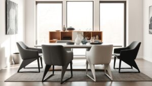 Zwarte, grijze en witte eetkamerstoelen rondom een moderne eettafel in een lichte ruimte.