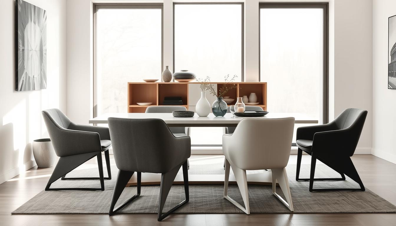 Zwarte, grijze en witte eetkamerstoelen rondom een moderne eettafel in een lichte ruimte.