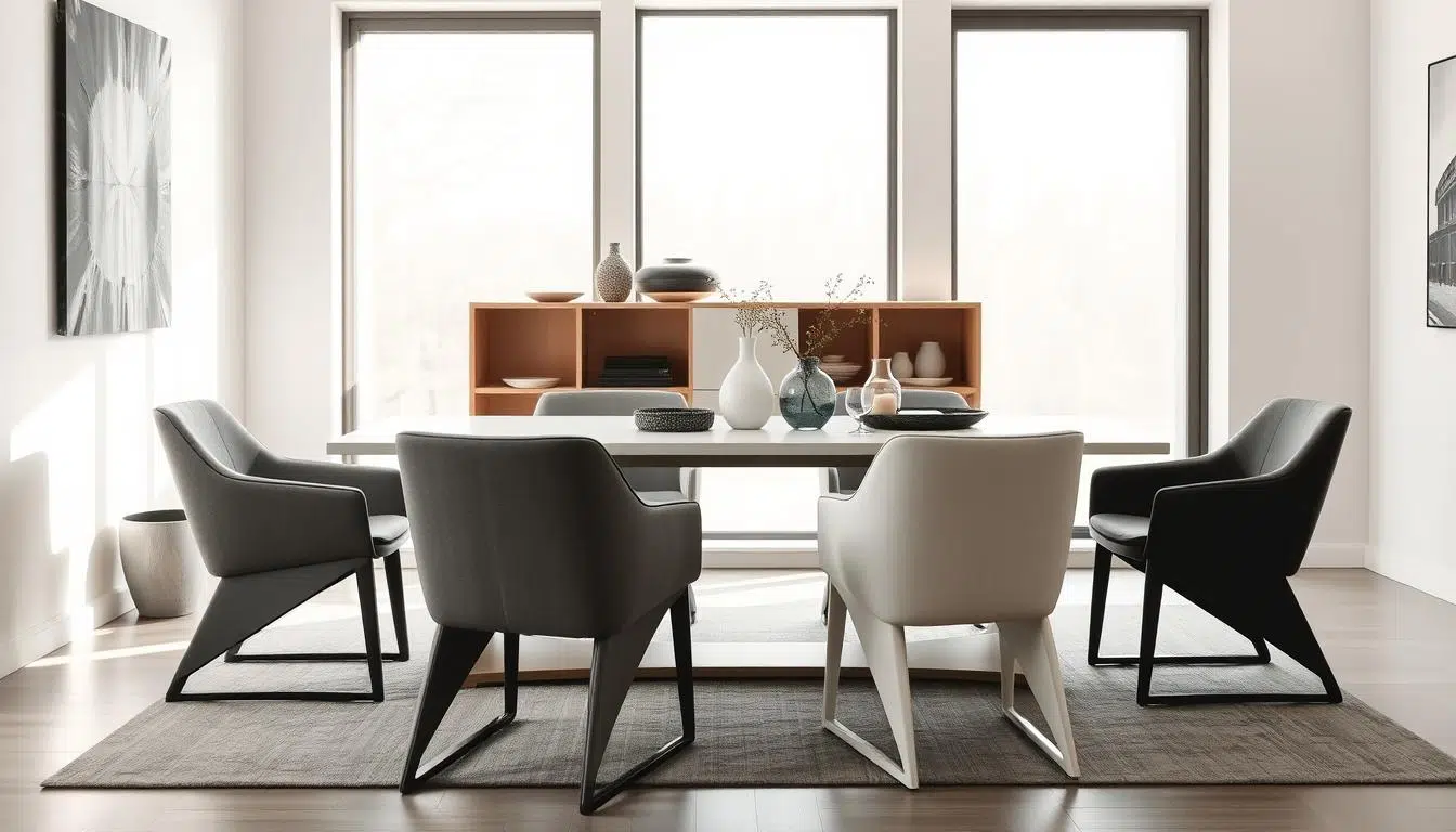 Zwarte, grijze en witte eetkamerstoelen rondom een moderne eettafel in een lichte ruimte.