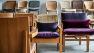 Eetkamerstoelen in diverse materialen en kleuren, waaronder houten en gestoffeerde varianten.