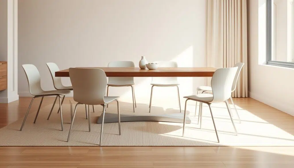 Zes witte eetkamerstoelen rond een houten eettafel in een lichte ruimte.