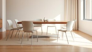 Zes witte eetkamerstoelen rond een houten eettafel in een lichte ruimte.