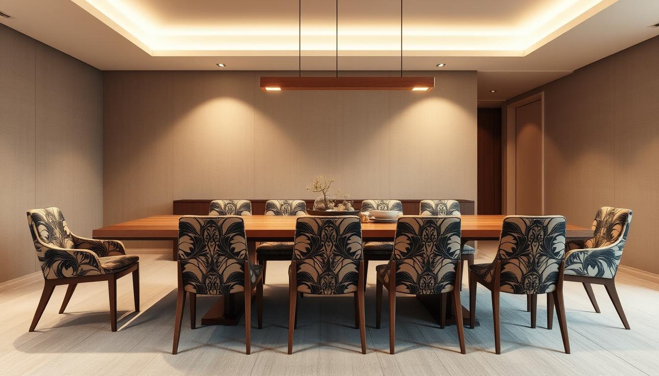 Eetkamerstoelen met een print rond een lange houten eettafel in een moderne ruimte.