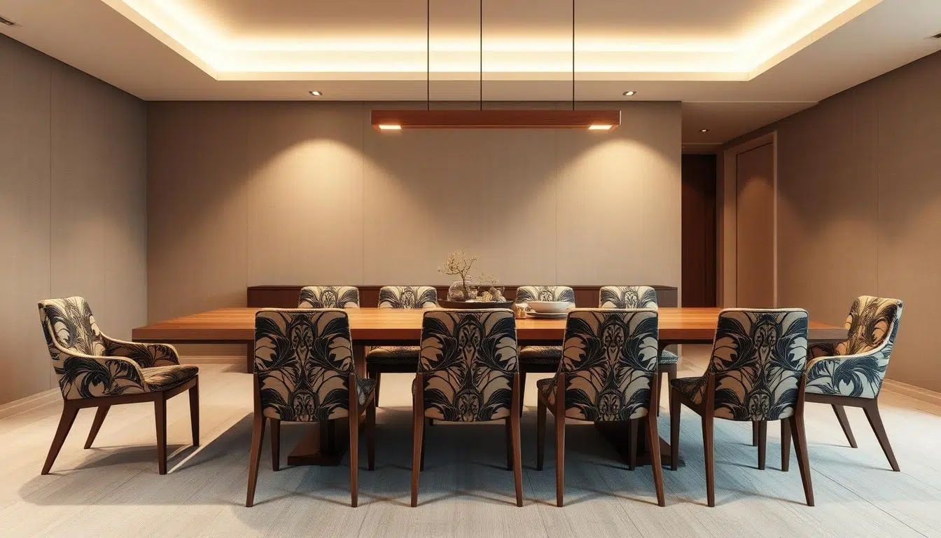 Eetkamerstoelen met een bloemenprint rond een lange houten eettafel in een moderne ruimte.