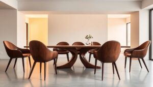 Zes eetkamerstoelen met een unieke, organische vorm rondom een houten tafel in een lichte ruimte.