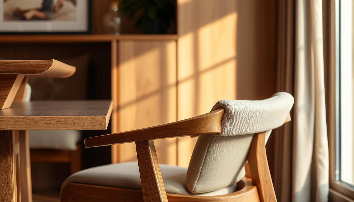 Eetkamerstoel met een houten frame en een lichtgekleurde stoffen zitting en rugleuning.