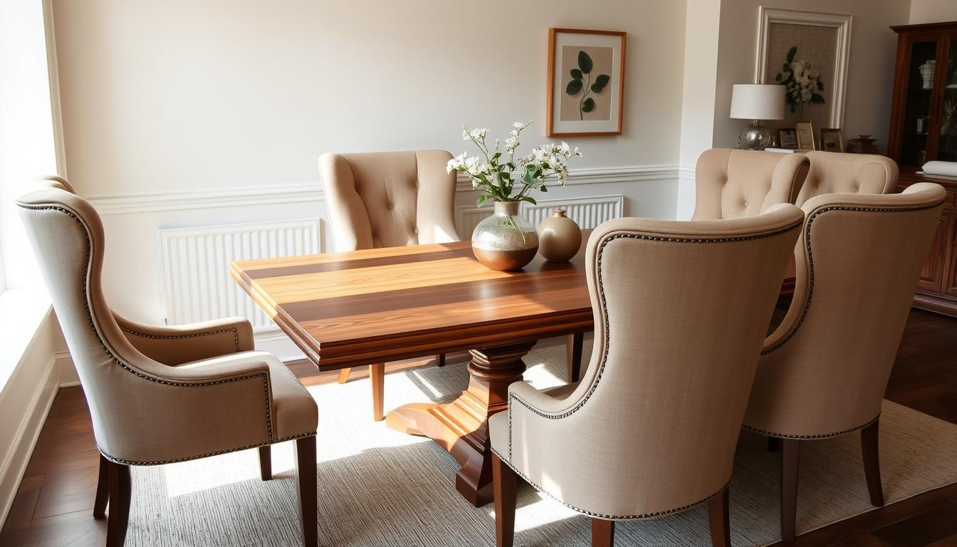 Set van eetkamerstoelen met een houten tafel en een vaas met bloemen in een lichte ruimte.