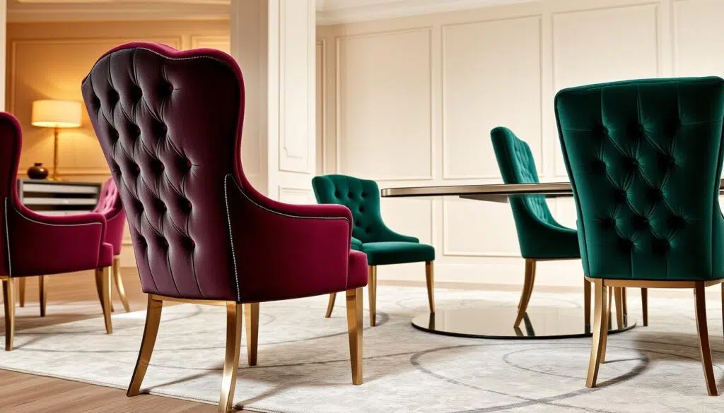 Groene en paarse eetkamerstoelen met een tufted ontwerp en gouden poten in een moderne eetkamer.