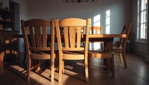 Houten eetkamerstoelen met een eenvoudige en klassieke uitstraling, geplaatst rond een houten tafel.