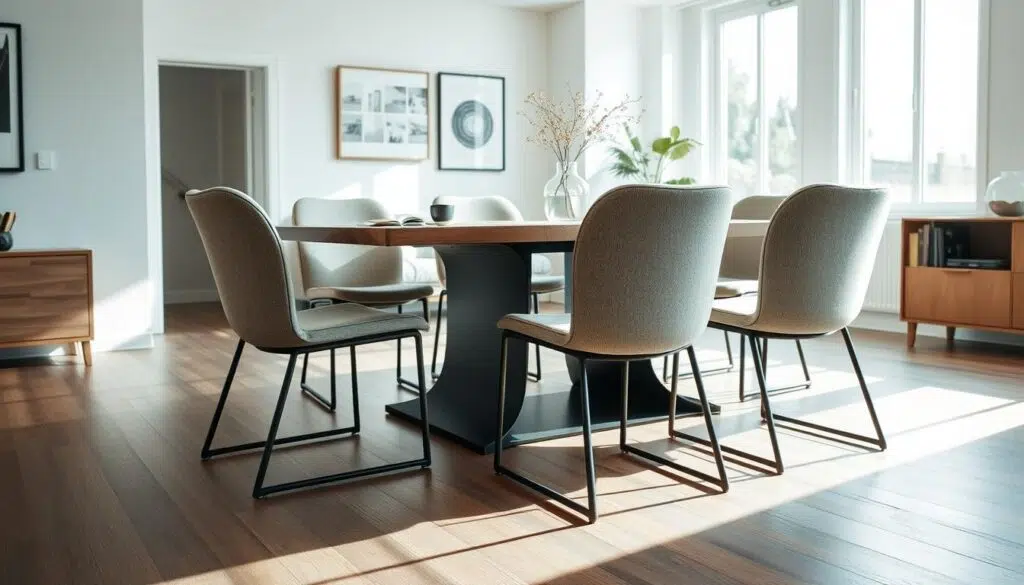 Eetkamertafel met zes gestoffeerde stoelen in een lichte ruimte.