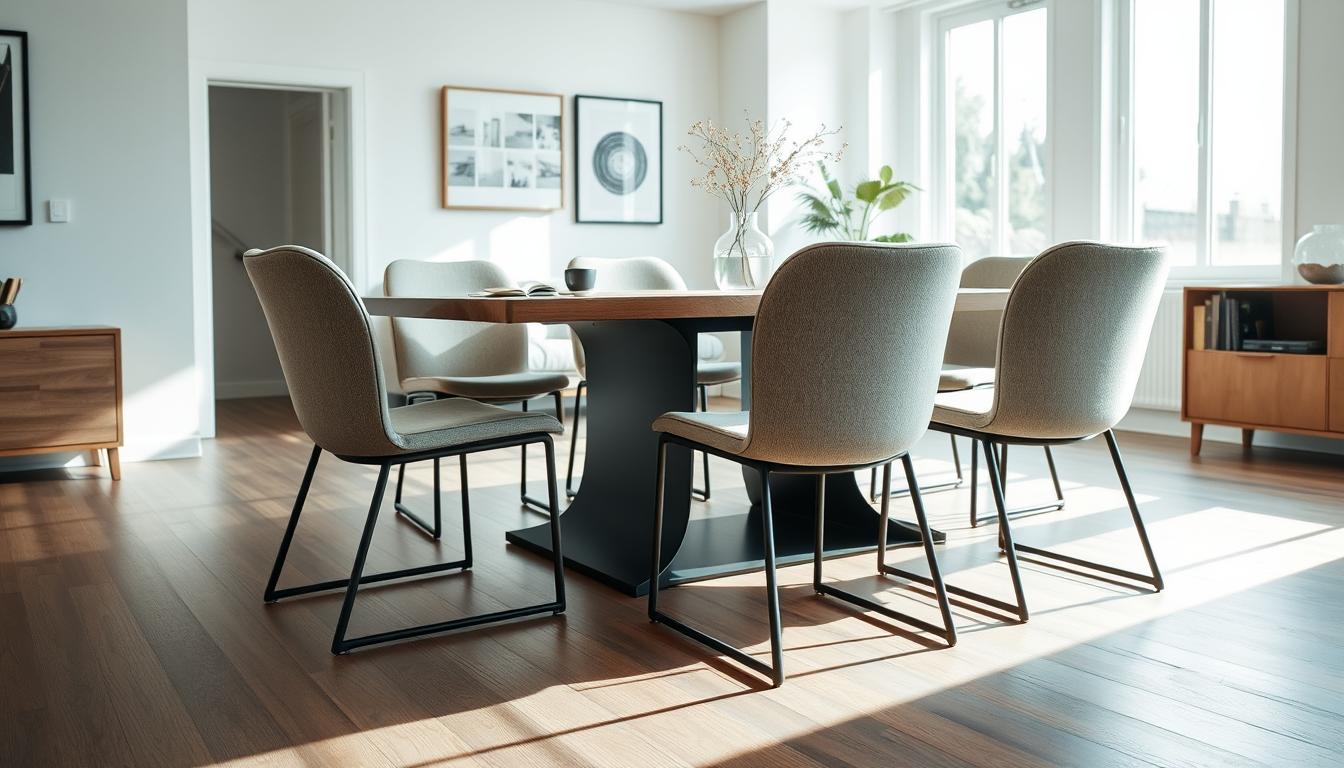 Eetkamertafel met zes nix design eetkamerstoelen in een lichte ruimte.
